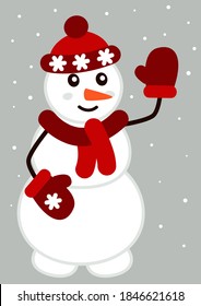 Snowman in warm red hat with pompom, knitted scarf and mittens - funny character for winter holiday design for Christmas and New Year