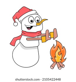 snowman warming up at the bonfire, vector illustration art. doodle icon image kawaii.