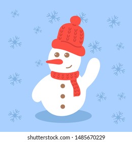 Snowman waves his hand. Blue background with snowflakes. 
Good for New Year and Christmas decor.