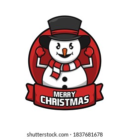 Snowman wear black hat celebrating Christmas holiday. Cartoon illustration mascot design