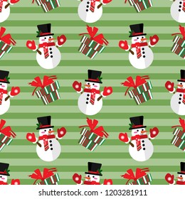 Snowman wear black hat and red scarf with gift box seamless pattern on green background. Christmas holidays cartoon character design for winter holidays greeting season. Vector illustration