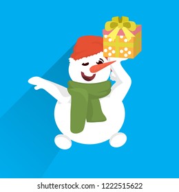 snowman wear red hat hold wrapped gift box present stack merry christmas happy new year holiday concept flat vector illustration