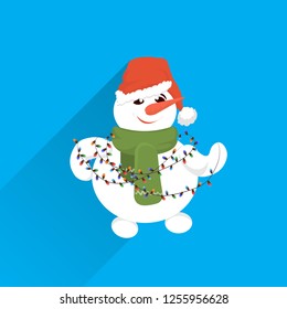 snowman wear red hat hold wrapped gift box present stack merry christmas happy new year holiday concept flat