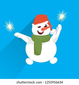 snowman wear red hat hold wrapped gift box present stack merry christmas happy new year holiday concept flat