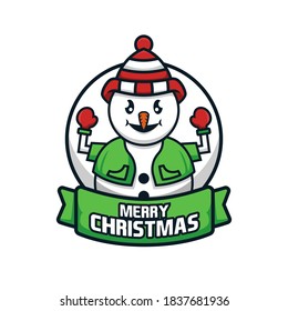 Snowman wear winter hat celebrating Christmas holiday. Cartoon illustration mascot design