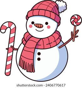 Snowman wear winter hat and scarf smile hold candy cane isolate on  white background vector illustration 