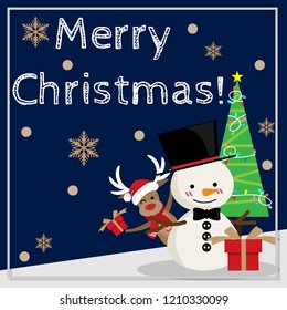 Snowman wearing black hat and reindeer wearing red scarf and Santa hat with gift box, Christmas tree, snowflakes and Merry Christmas text on blue background. Cute winter holidays cartoon character. 