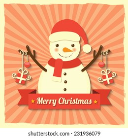 snowman wearing Christmas hat and scarf with Christmas balls and gift boxes hanging on within ribbon badge on starburst background. vector.