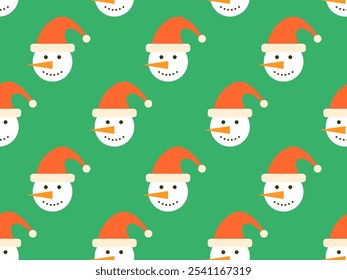 Snowman wearing a Christmas hat seamless pattern. Snowman on a green background wearing red Christmas hats with orange carrot noses. Xmas design for banner and wallpaper. Vector illustration