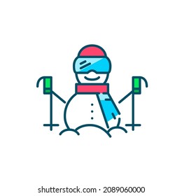 Snowman wearing goggles, helmet and scarf and holding ski poles. Winter holiday vacation. Pixel perfect, editable stroke colorful icon