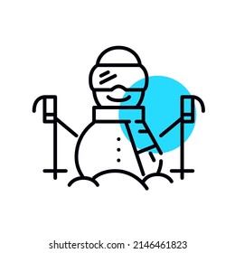 Snowman wearing goggles, helmet and scarf and holding ski poles. Winter holiday vacation. Pixel perfect, editable stroke geometric icon