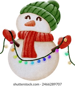 Snowman wearing a green beanie holding Christmas lights