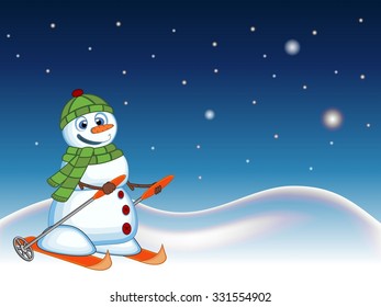 snowman wearing a green head cover and a scarf is skiing with star, sky and snow hill background for your design vector illustration
