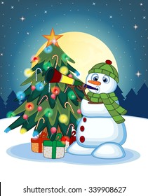 Snowman Wearing A Green Head Cover And A Scarf Blowing Horns With Christmas Tree  And Full Moon At Night Background For Your Design Vector Illustration