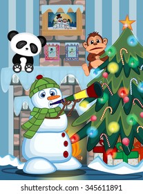 Snowman Wearing A Green Head Cover And A Scarf Blowing Horns  with christmas tree and fire place Vector Illustration