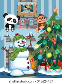 Snowman Wearing A Green Head Cover And A Scarf with christmas tree and fire place Vector Illustration