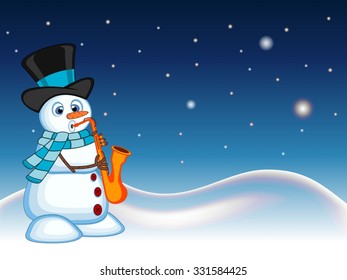 snowman wearing a hat and a blue scarf  playing saxophone  with star, sky and snow hill background for your design vector illustration