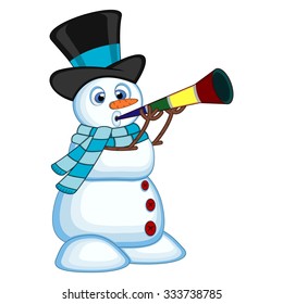 snowman wearing a hat and a blue scarf  blowing horns for your design vector illustration