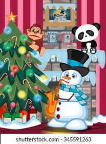 Snowman Wearing A Hat And A Blue Scarf Playing Saxophone with christmas tree and fire place Vector Illustration