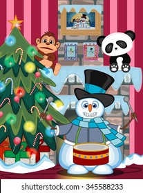 Snowman wearing a hat, blue sweater and a blue scarf playing drums with christmas tree and fire place Vector Illustration
