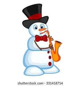 Snowman wearing a hat and a bow ties  playing saxophone for your design vector illustration