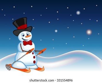 Snowman wearing a hat and a bow ties is skiing with star, sky and snow hill background for your design vector illustration