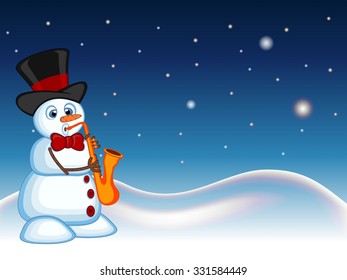 Snowman wearing a hat and a bow ties  playing saxophone  with star, sky and snow hill background for your design vector illustration