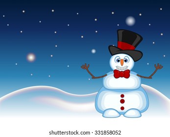 Snowman wearing a hat hat and bow ties waving his hand with star, sky and snow hill background  for your design vector illustration
