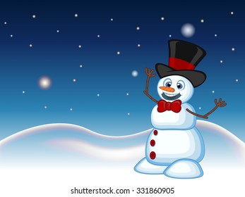 Snowman wearing a hat and a bow ties with star, sky and snow hill background for your design vector illustration