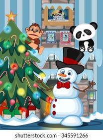 Snowman wearing a hat and a bow ties with christmas tree and fire place Vector Illustration