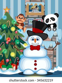 Snowman Wearing A Hat And Bow Ties with christmas tree and fire place Vector Illustration