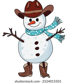 Snowman wearing a hat and cowboy boots. Art and Illustration