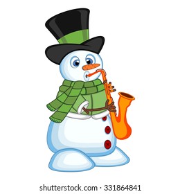 snowman wearing a hat, green sweater and a green scarf playing saxophone for your design vector illustration