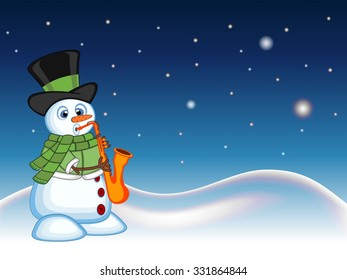 snowman wearing a hat, green sweater and a green scarf playing saxophone with star, sky and snow hill background for your design vector illustration
