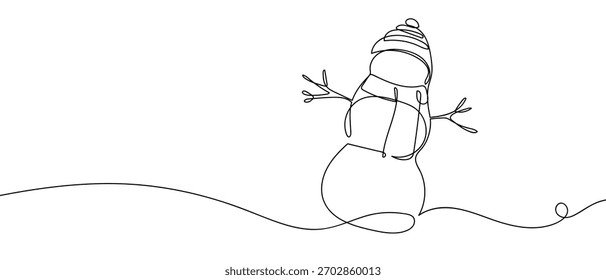 Schneemann trägt einen Hut, eine durchgehende Linie Eine Linie Zeichnung Hintergrund. Vektorgrafik.