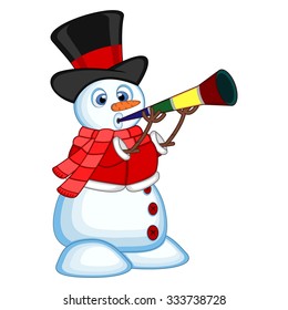 snowman wearing a hat, red sweater and a red scarf blowing horns your design vector illustration 