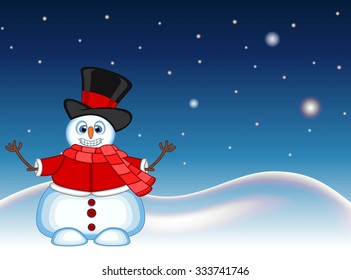 Snowman wearing a hat, red sweater and a red scarf waving his hand with star, sky and snow hill background for your design vector illustration