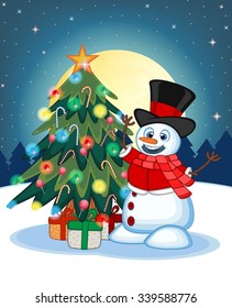 Snowman Wearing A Hat, Red Sweater And A Red Scarf With Christmas Tree  And Full Moon At Night Background For Your Design Vector Illustration