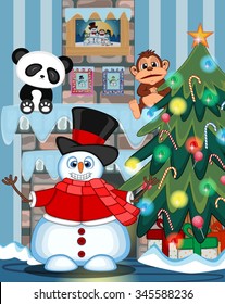 Snowman Wearing A Hat, Red Sweater And Red Scarf Waving His Hand with christmas tree and fire place Vector Illustration