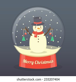 snowman wearing hat and scarf with Christmas balls and Christmas trees hanging on his hands in snow globe on dark background. vector.