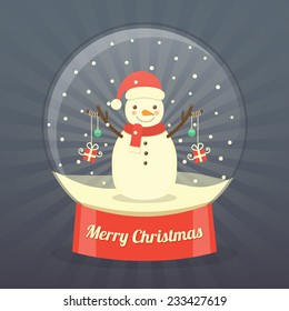 snowman wearing hat and scarf with Christmas balls and gift boxes hanging on his hands in snow globe on dark starburst background. vector.