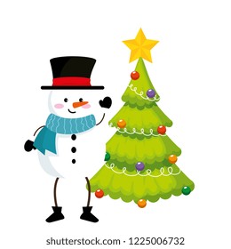 snowman wearing hat and scarf next to pine tree