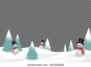 Snowman wearing  hat and scarf smile  in snowy landscapes with Christmas tree isolate on png or transparent    background, graphic resources  for New  Year, Birthdays, Special event, vector