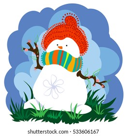 Snowman Wearing Hat and Scarf With Spring Blooming Branches And Clouds