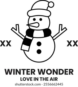 A snowman wearing a hat and scarf stands in front of a background