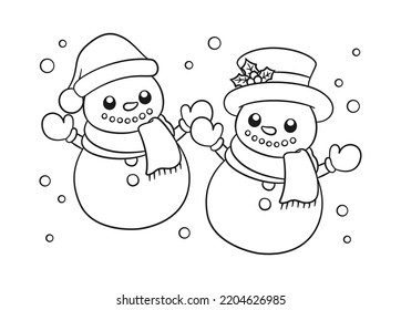 Snowman wearing hats   scarf and snow outline line art doodle cartoon illustration  Winter Christmas theme coloring book page activity for kids   adults 