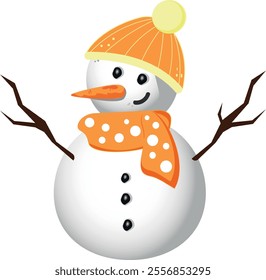 Snowman wearing an orange hat and scarf stands cheerfully in a winter landscape with snow-covered ground