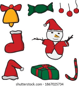 Snowman wearing red clothes and Christmas items.