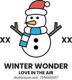 A snowman wearing a red hat and blue scarf stands in front of a white background. The snowman is holding a stick in its right hand and a branch in its left hand. The image is titled Winter Wonder