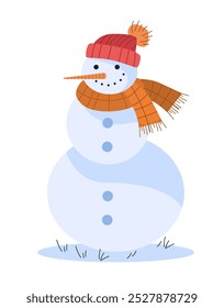 Snowman wearing red hat orange scarf carrot nose and buttons on snow